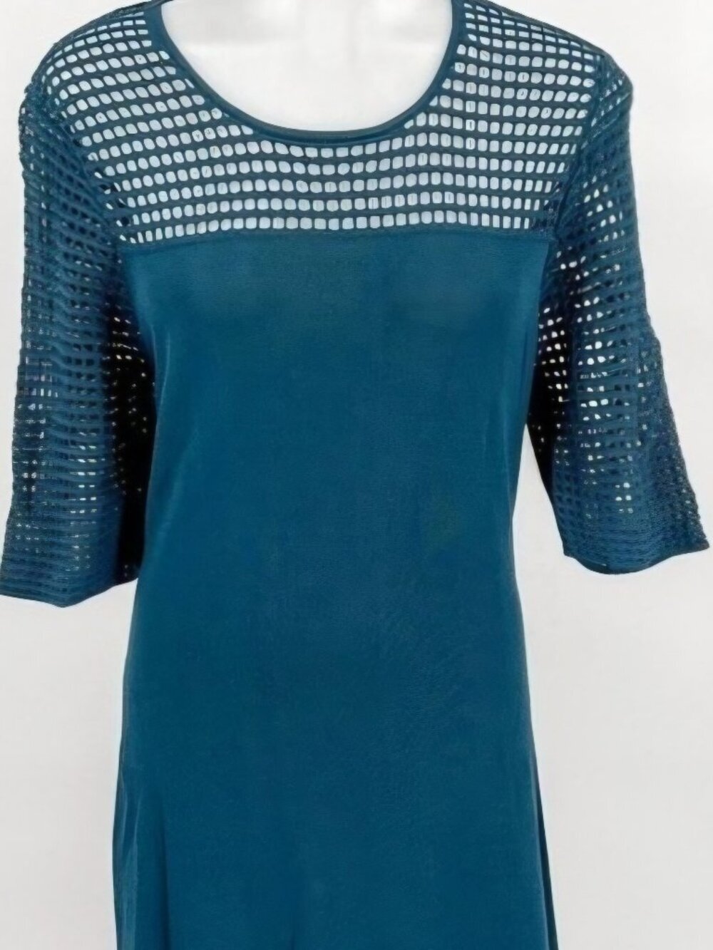 Teal Ocean blue Open Knit crochet cutouts sleeve cocktail party stretchy dress s
